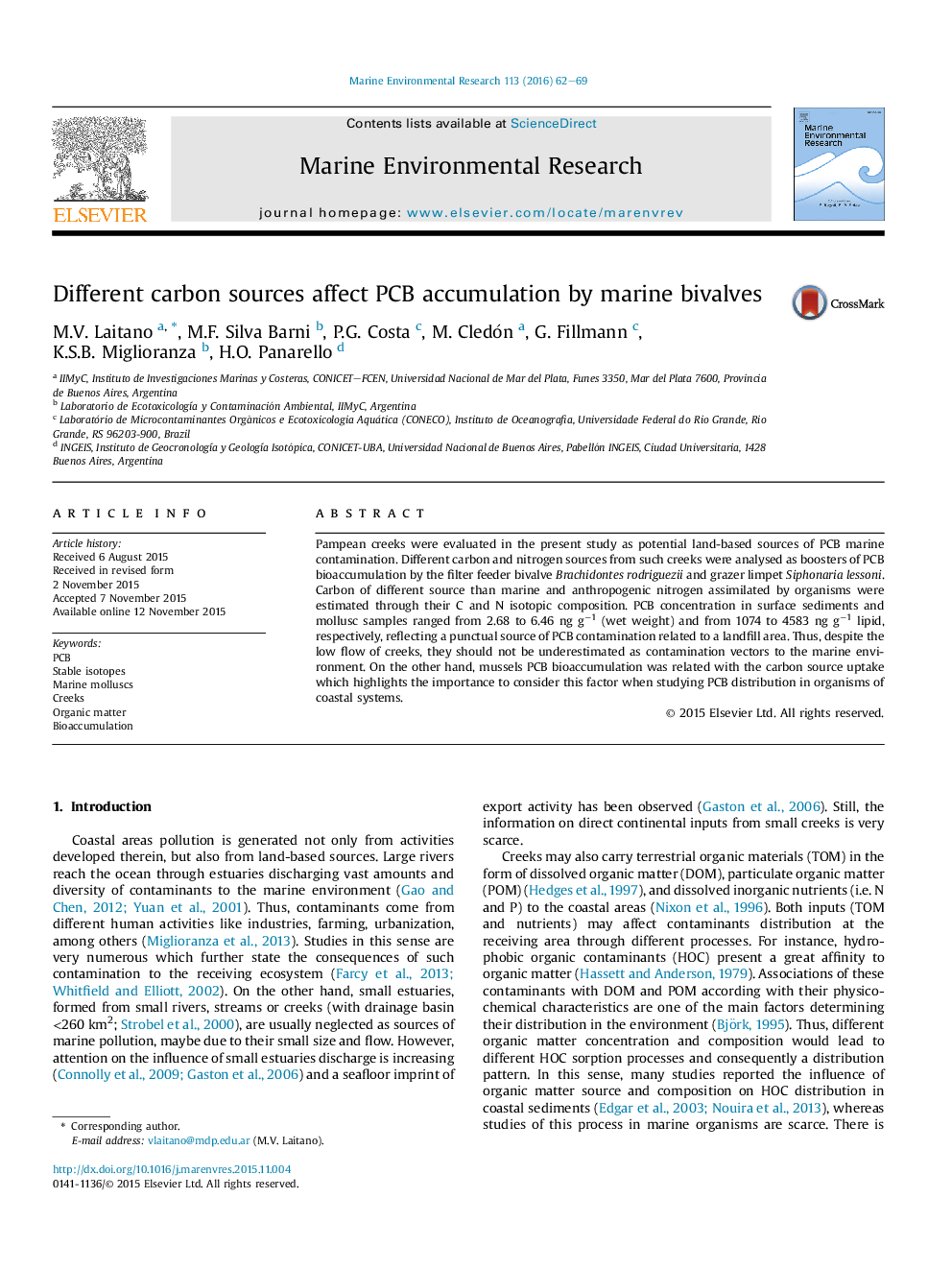 Different carbon sources affect PCB accumulation by marine bivalves