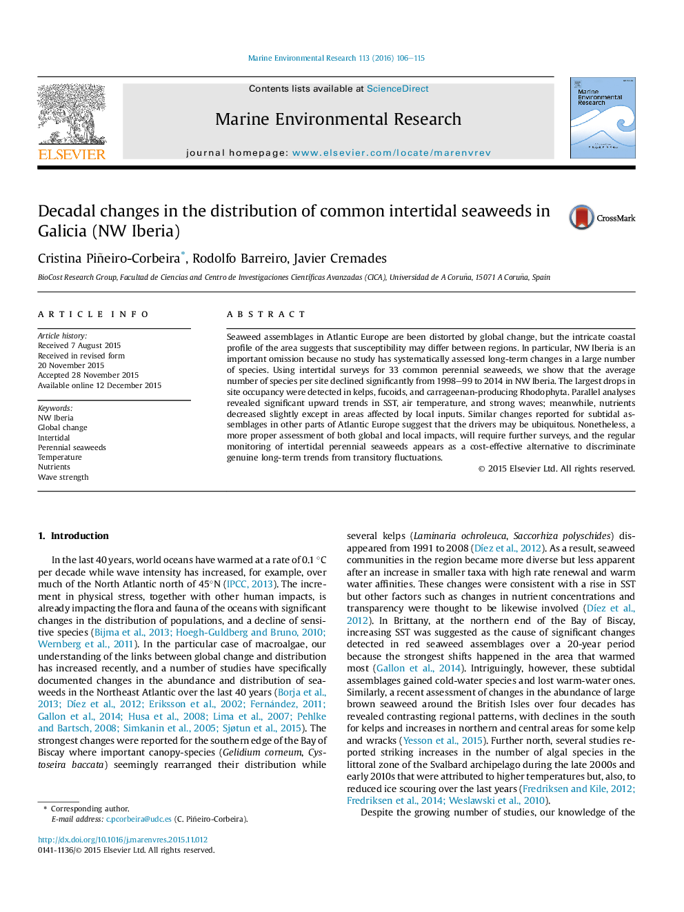 Decadal changes in the distribution of common intertidal seaweeds in Galicia (NW Iberia)