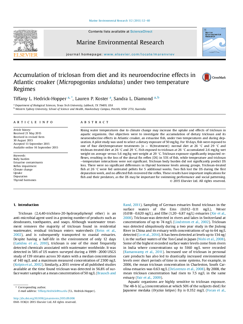 Accumulation of triclosan from diet and its neuroendocrine effects in Atlantic croaker (Micropogonias undulatus) under two temperature Regimes