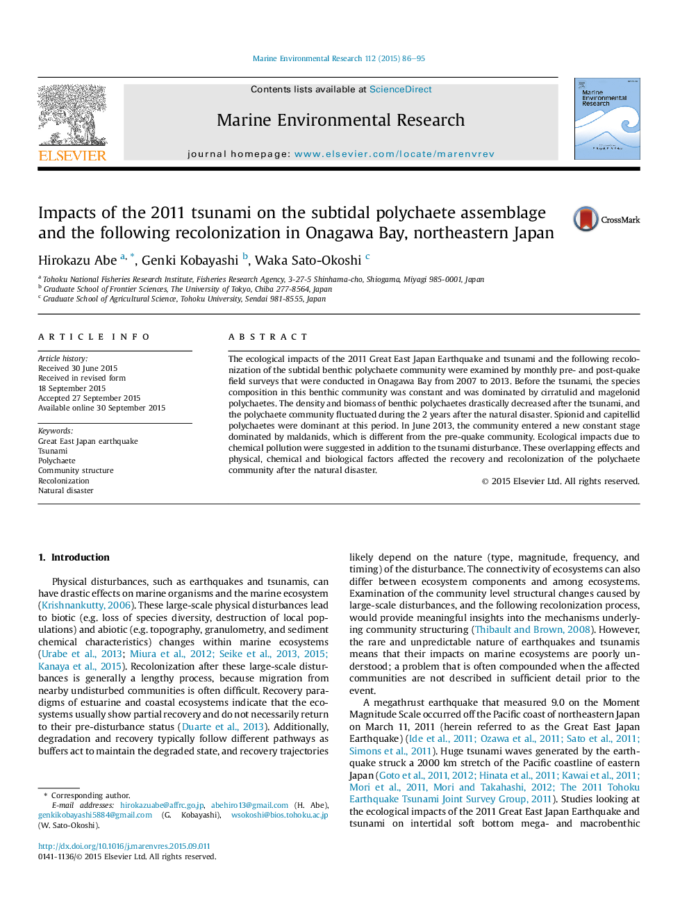 Impacts of the 2011 tsunami on the subtidal polychaete assemblage and the following recolonization in Onagawa Bay, northeastern Japan