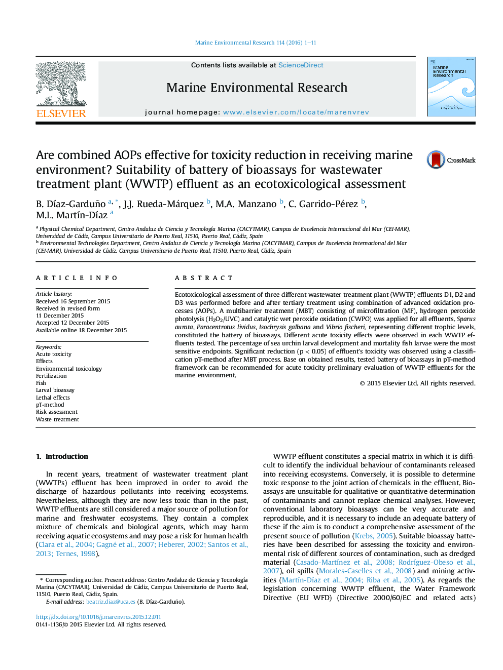 Are combined AOPs effective for toxicity reduction in receiving marine environment? Suitability of battery of bioassays for wastewater treatment plant (WWTP) effluent as an ecotoxicological assessment