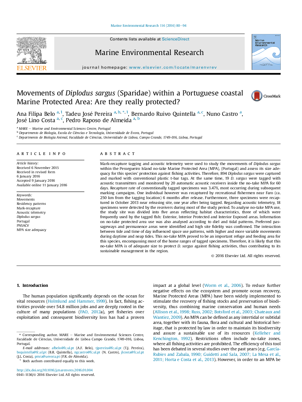 Movements of Diplodus sargus (Sparidae) within a Portuguese coastal Marine Protected Area: Are they really protected?