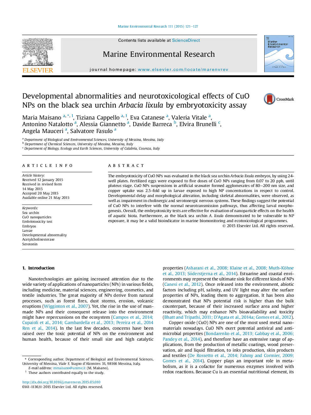 Developmental abnormalities and neurotoxicological effects of CuO NPs on the black sea urchin Arbacia lixula by embryotoxicity assay