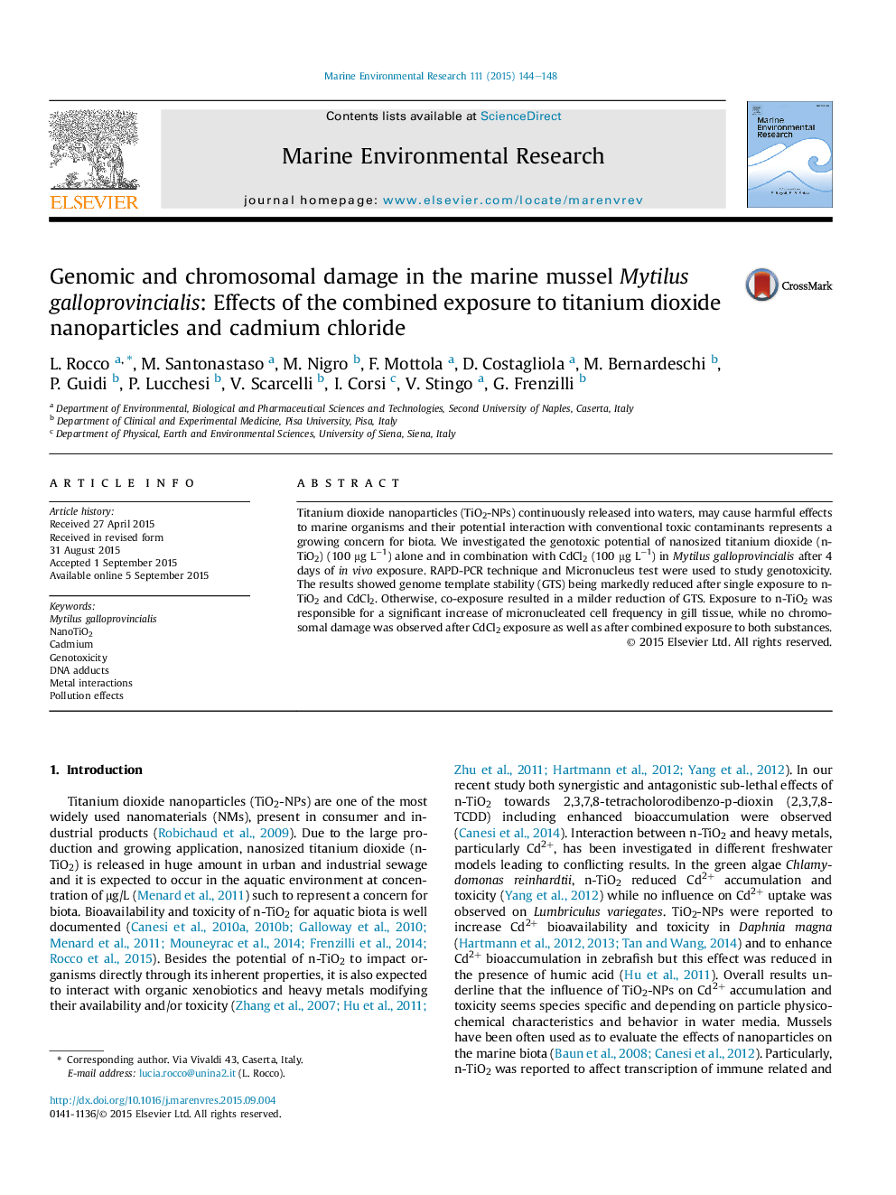 Genomic and chromosomal damage in the marine mussel Mytilus galloprovincialis: Effects of the combined exposure to titanium dioxide nanoparticles and cadmium chloride