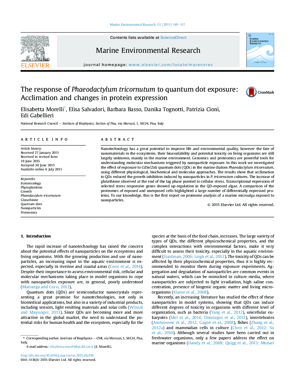 The response of Phaeodactylum tricornutum to quantum dot exposure: Acclimation and changes in protein expression