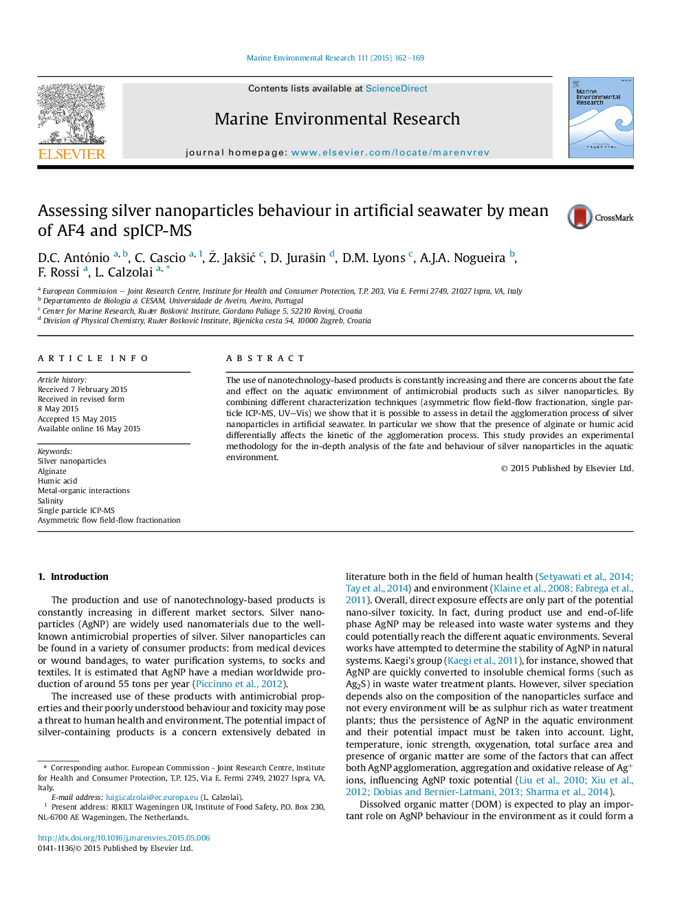 Assessing silver nanoparticles behaviour in artificial seawater by mean of AF4 and spICP-MS