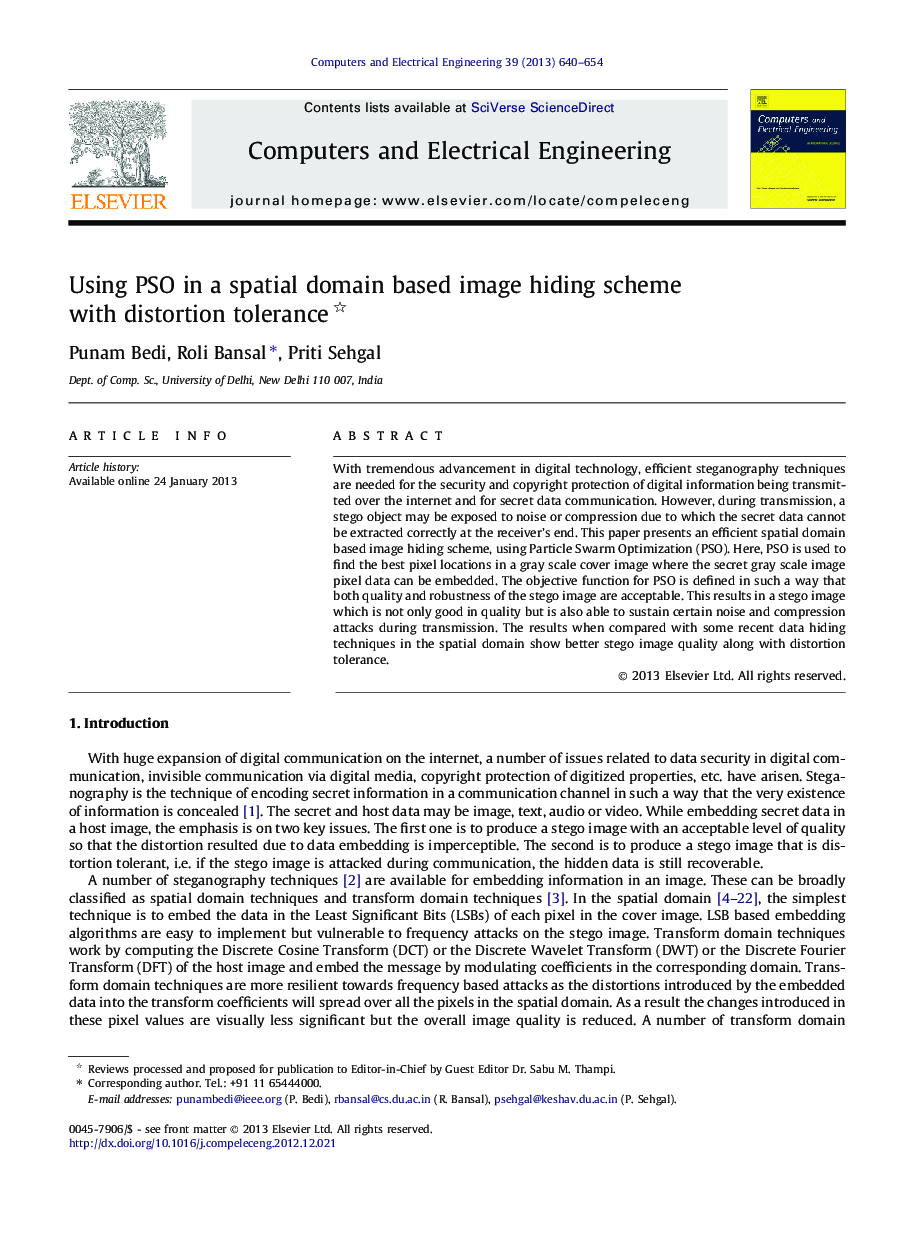 Using PSO in a spatial domain based image hiding scheme with distortion tolerance 