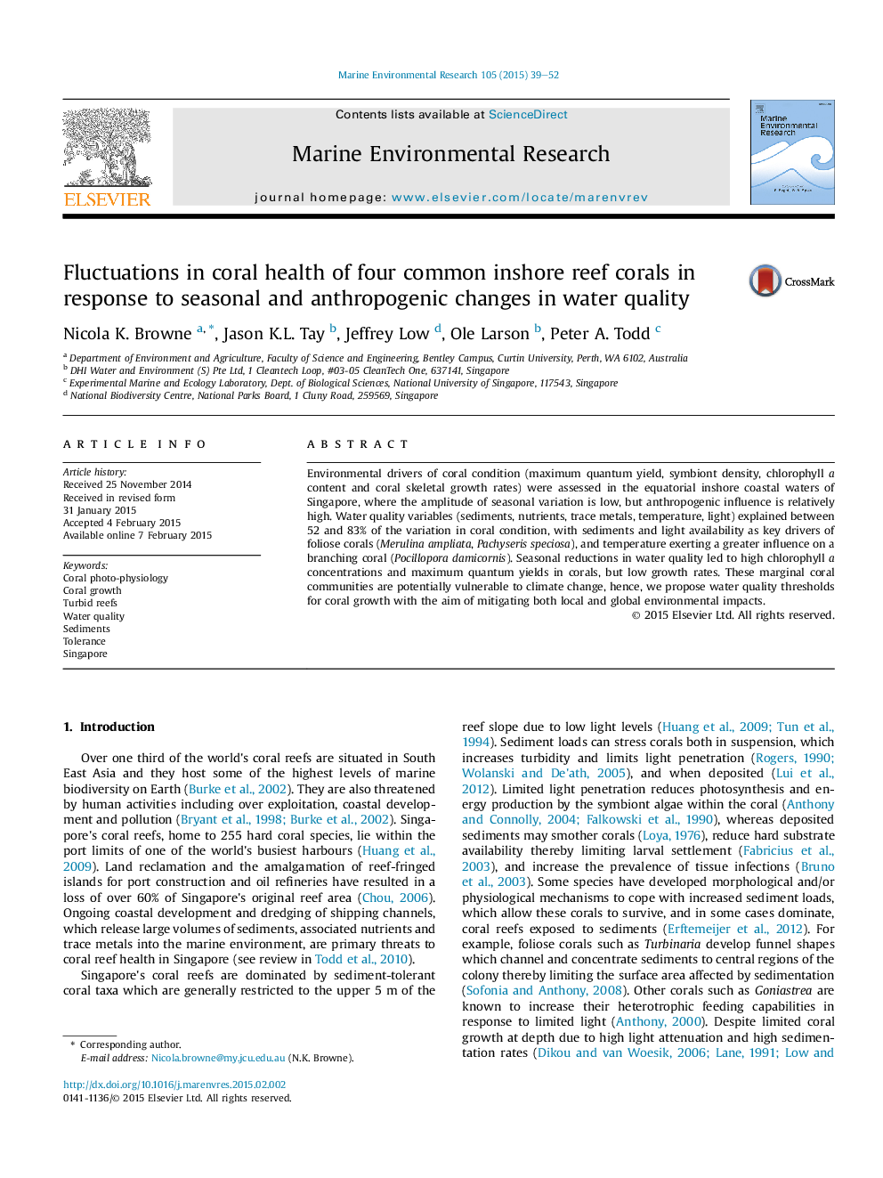 Fluctuations in coral health of four common inshore reef corals in response to seasonal and anthropogenic changes in water quality