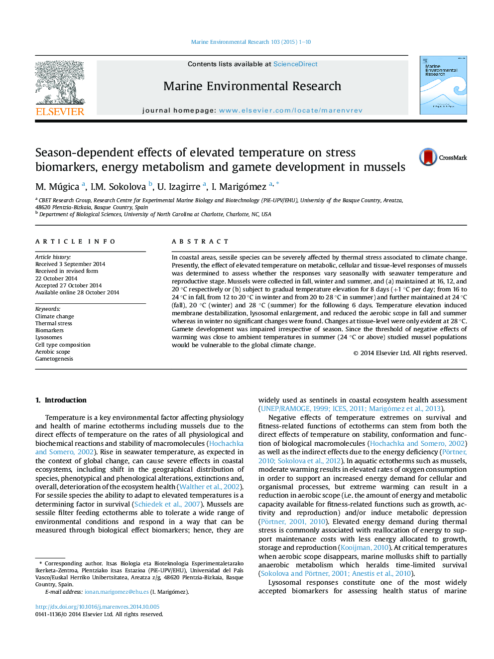 Season-dependent effects of elevated temperature on stress biomarkers, energy metabolism and gamete development in mussels