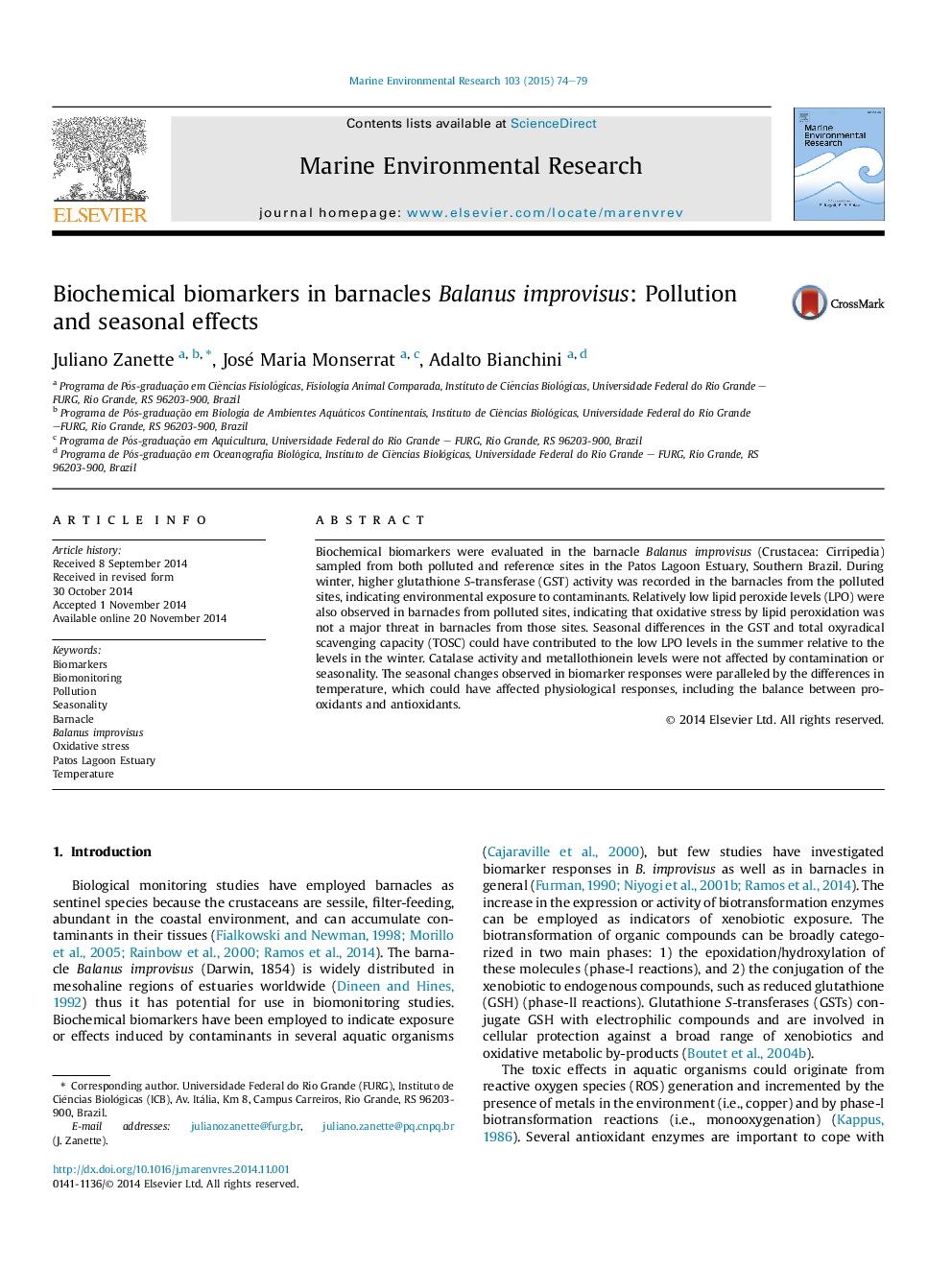 Biochemical biomarkers in barnacles Balanus improvisus: Pollution and seasonal effects