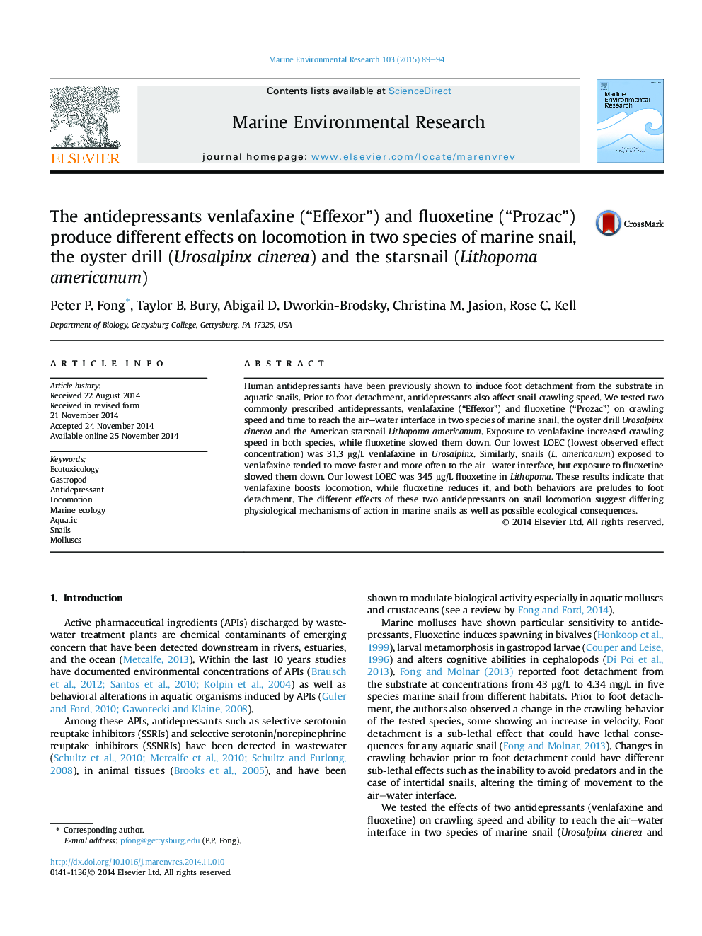 The antidepressants venlafaxine (“Effexor”) and fluoxetine (“Prozac”) produce different effects on locomotion in two species of marine snail, the oyster drill (Urosalpinx cinerea) and the starsnail (Lithopoma americanum)