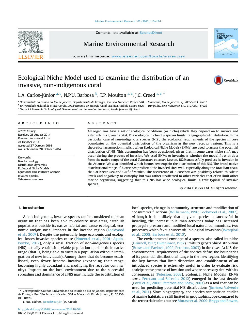 مدل توجیهی اکولوژیکی مورد استفاده برای بررسی توزیع مرجان مهاجم و غیر بومی 