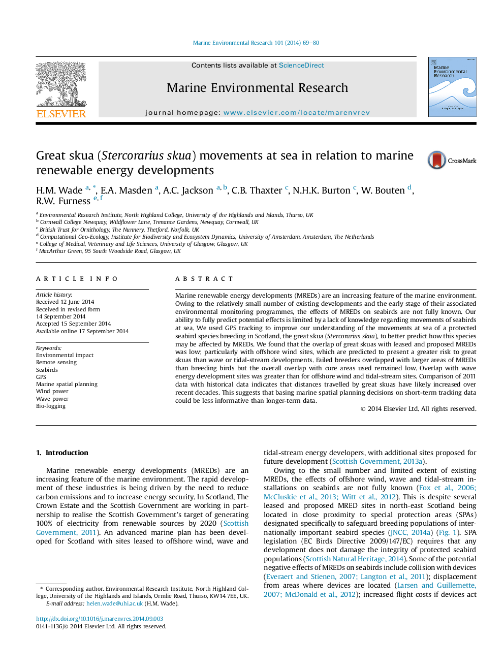 Great skua (Stercorarius skua) movements at sea in relation to marine renewable energy developments