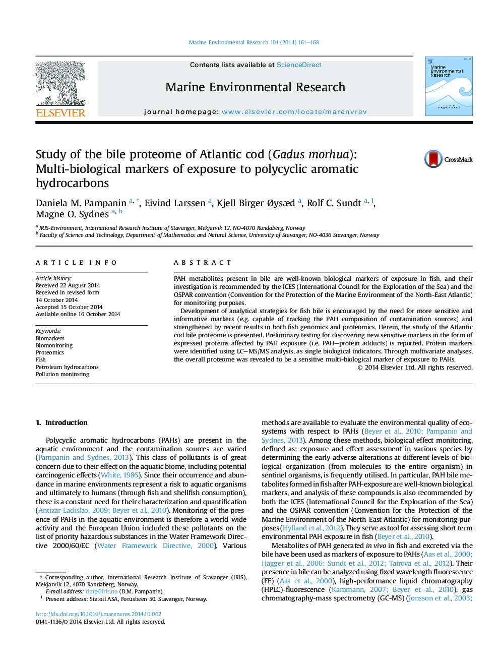 Study of the bile proteome of Atlantic cod (Gadus morhua): Multi-biological markers of exposure to polycyclic aromatic hydrocarbons