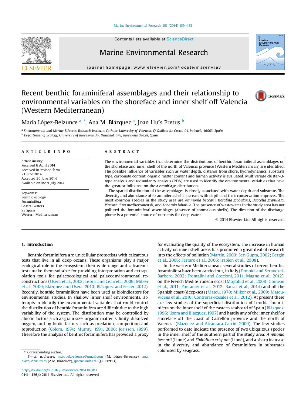 Recent benthic foraminiferal assemblages and their relationship to environmental variables on the shoreface and inner shelf off Valencia (Western Mediterranean)