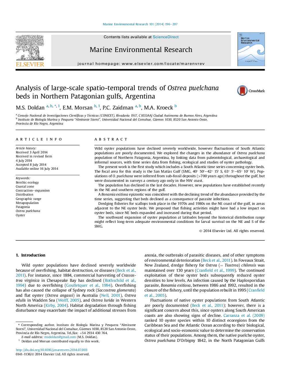 Analysis of large-scale spatio-temporal trends of Ostrea puelchana beds in Northern Patagonian gulfs, Argentina