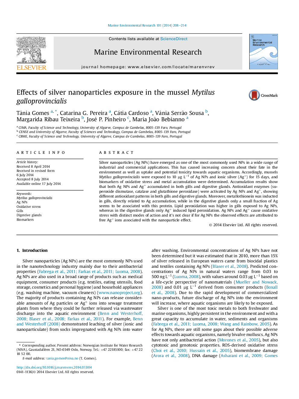 Effects of silver nanoparticles exposure in the mussel Mytilus galloprovincialis