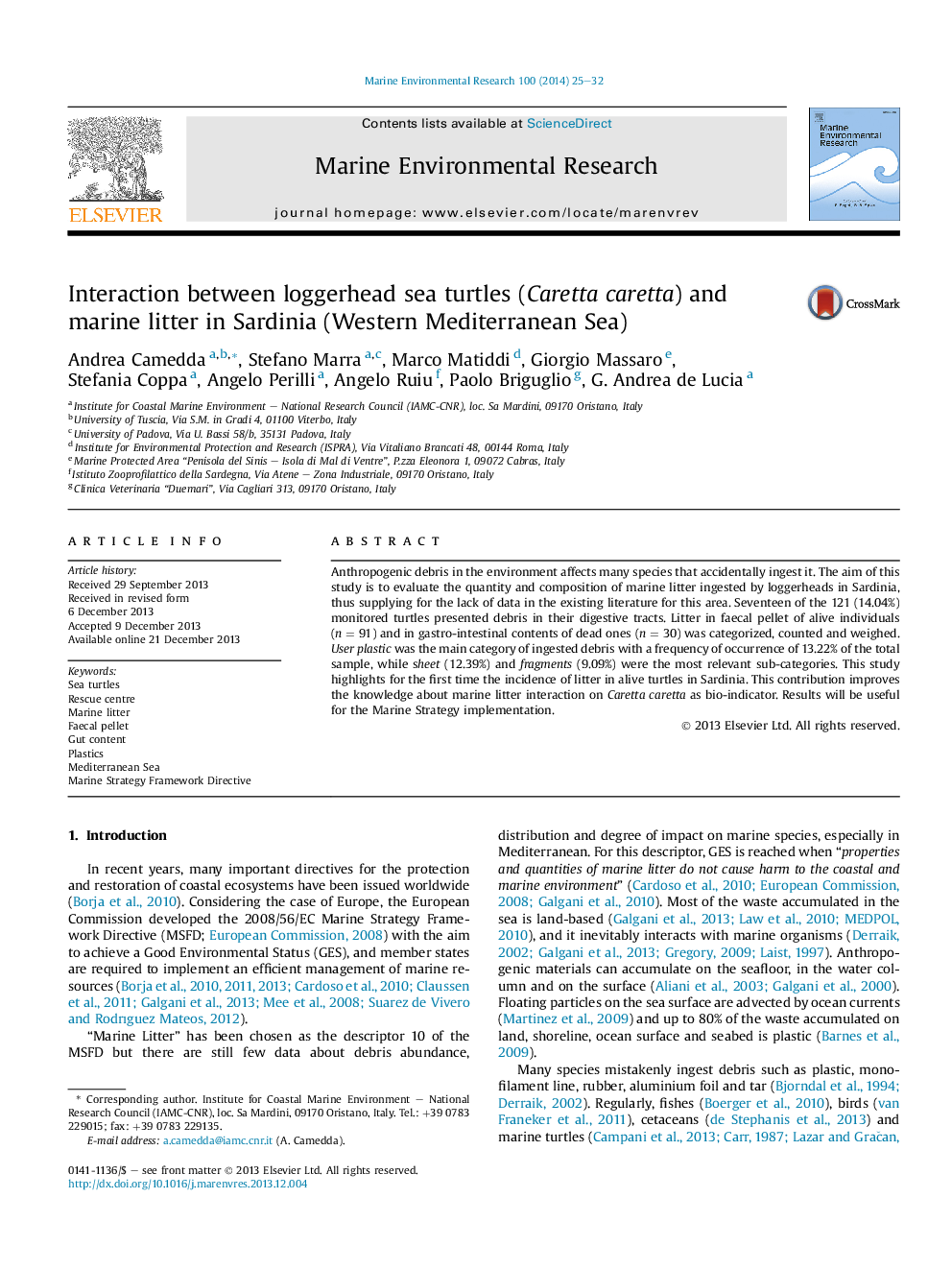 Interaction between loggerhead sea turtles (Caretta caretta) and marine litter in Sardinia (Western Mediterranean Sea)