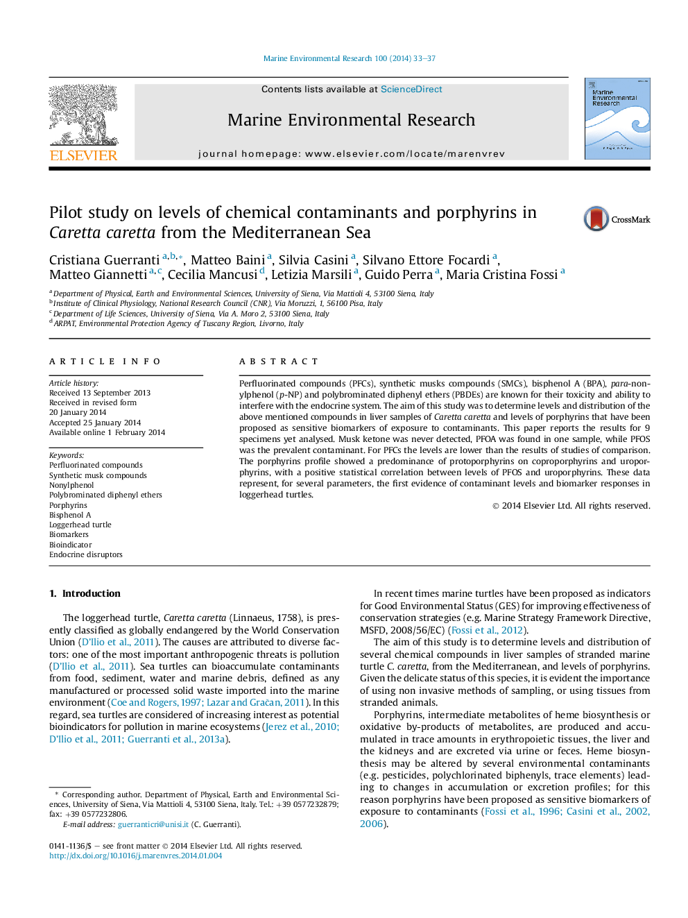 Pilot study on levels of chemical contaminants and porphyrins in Caretta caretta from the Mediterranean Sea