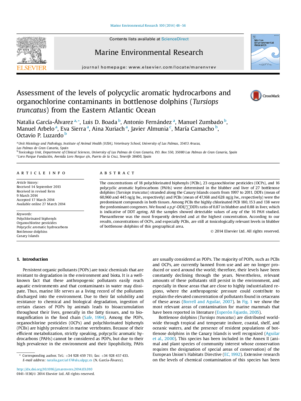 Assessment of the levels of polycyclic aromatic hydrocarbons and organochlorine contaminants in bottlenose dolphins (Tursiops truncatus) from the Eastern Atlantic Ocean