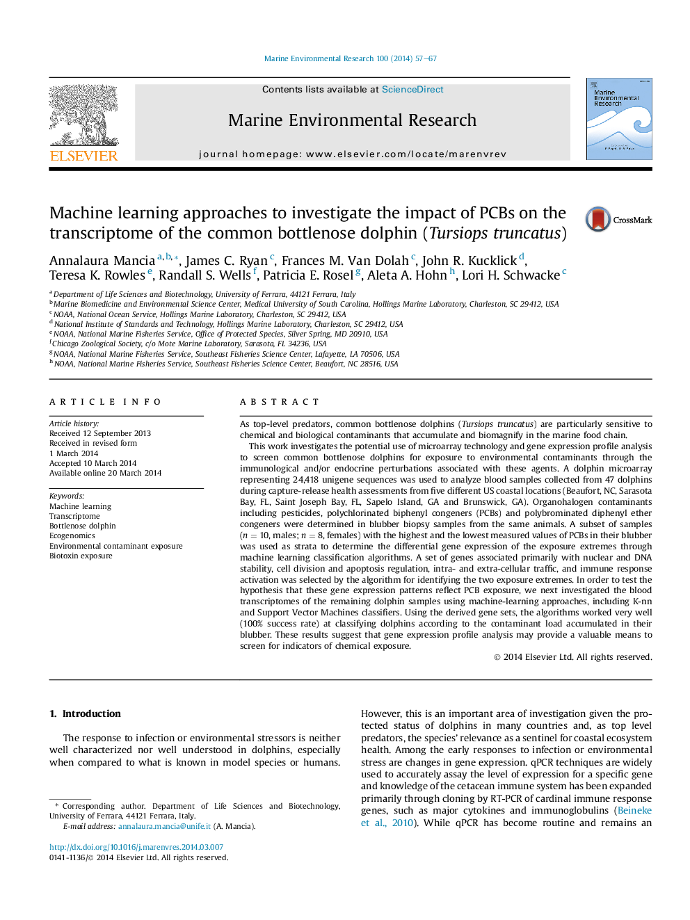 Machine learning approaches to investigate the impact of PCBs on the transcriptome of the common bottlenose dolphin (Tursiops truncatus)