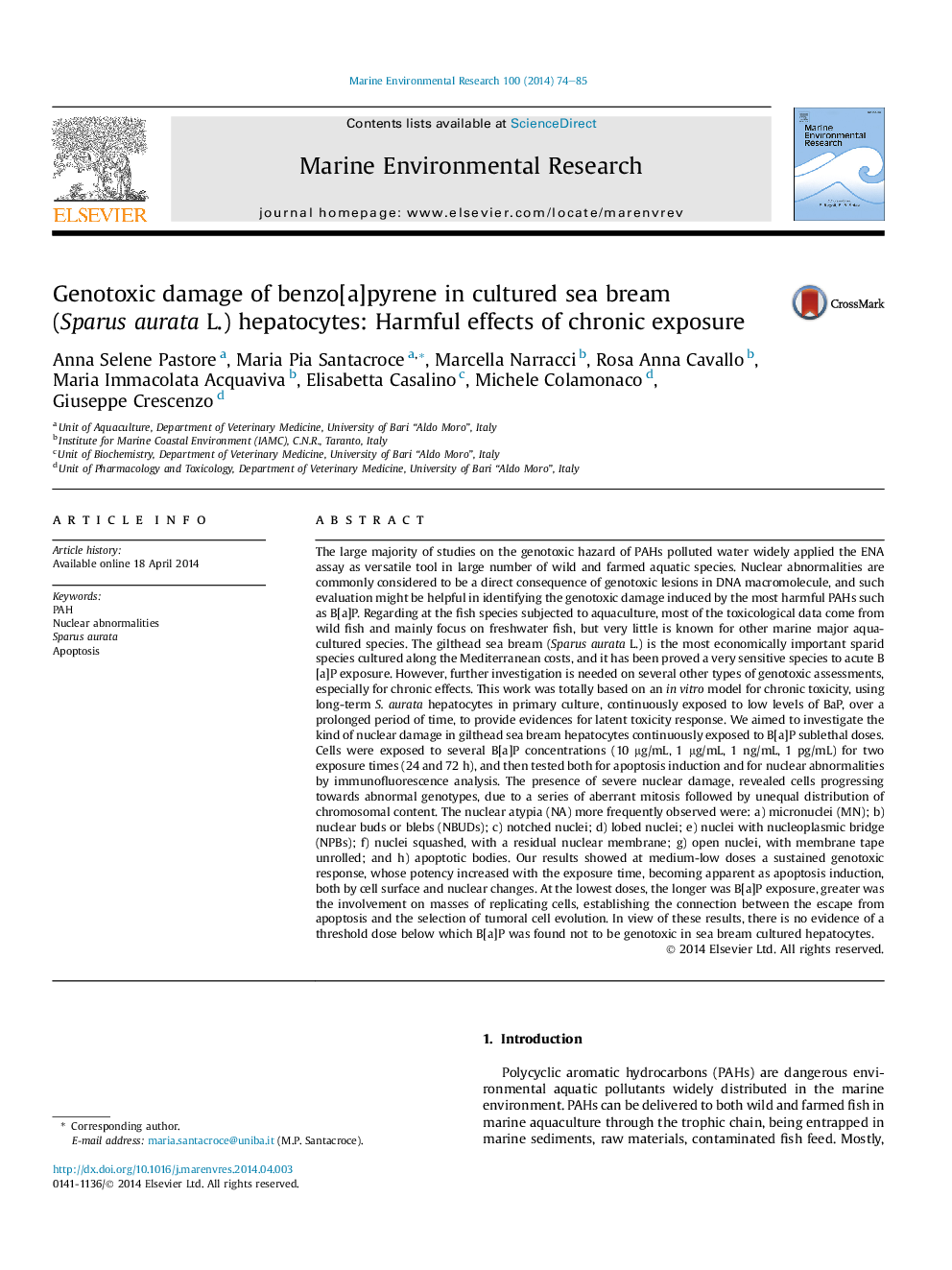 Genotoxic damage of benzo[a]pyrene in cultured sea bream (Sparus aurata L.) hepatocytes: Harmful effects of chronic exposure