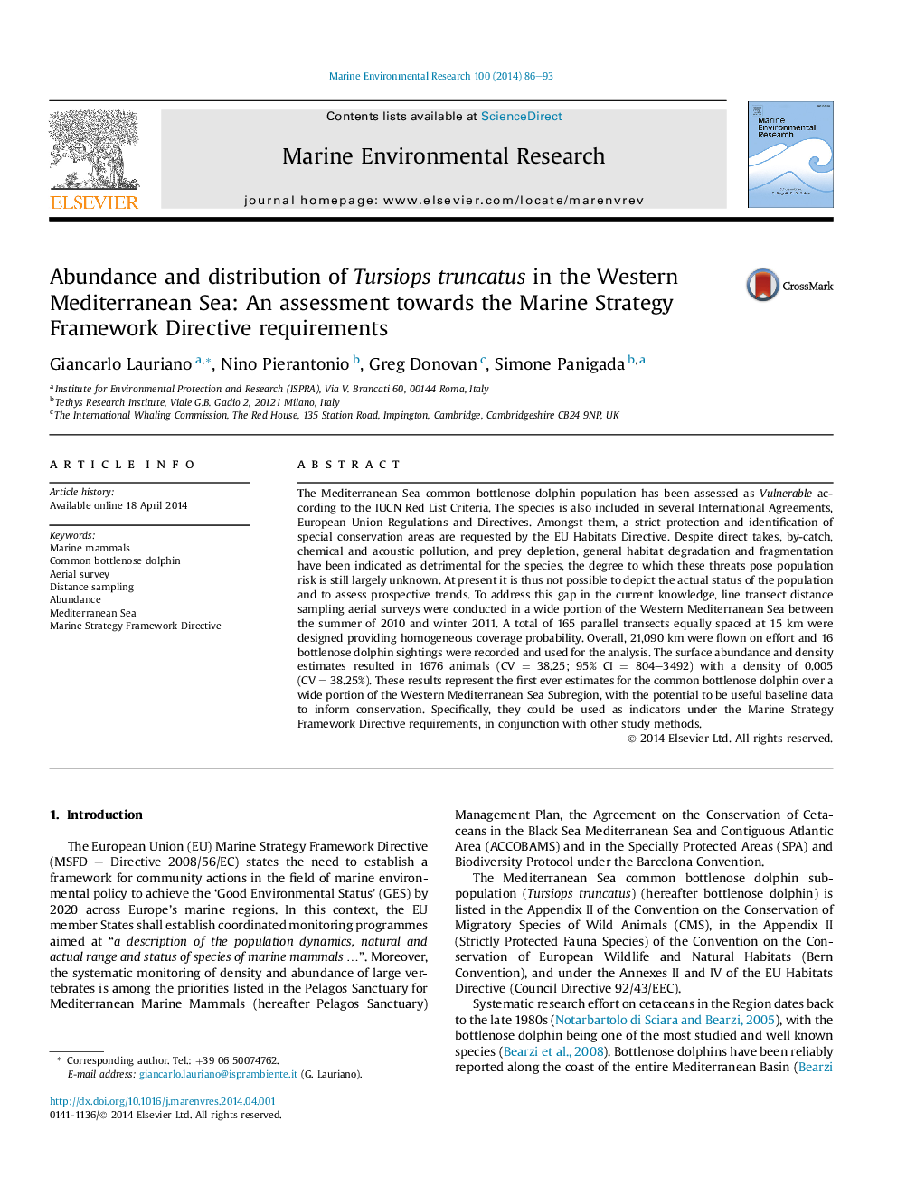 Abundance and distribution of Tursiops truncatus in the Western Mediterranean Sea: An assessment towards the Marine Strategy Framework Directive requirements