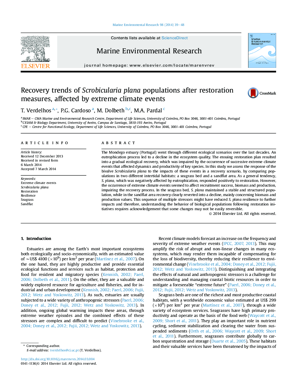 Recovery trends of Scrobicularia plana populations after restoration measures, affected by extreme climate events