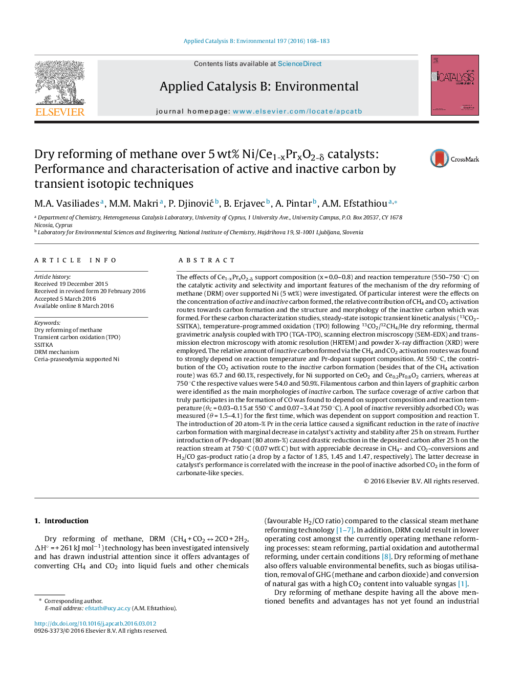 Dry reforming of methane over 5 wt% Ni/Ce1-xPrxO2-δ catalysts: Performance and characterisation of active and inactive carbon by transient isotopic techniques