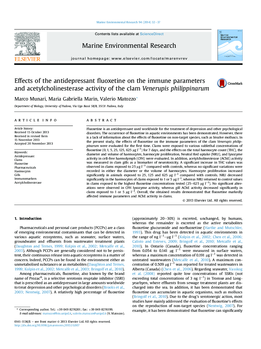 Effects of the antidepressant fluoxetine on the immune parameters and acetylcholinesterase activity of the clam Venerupis philippinarum