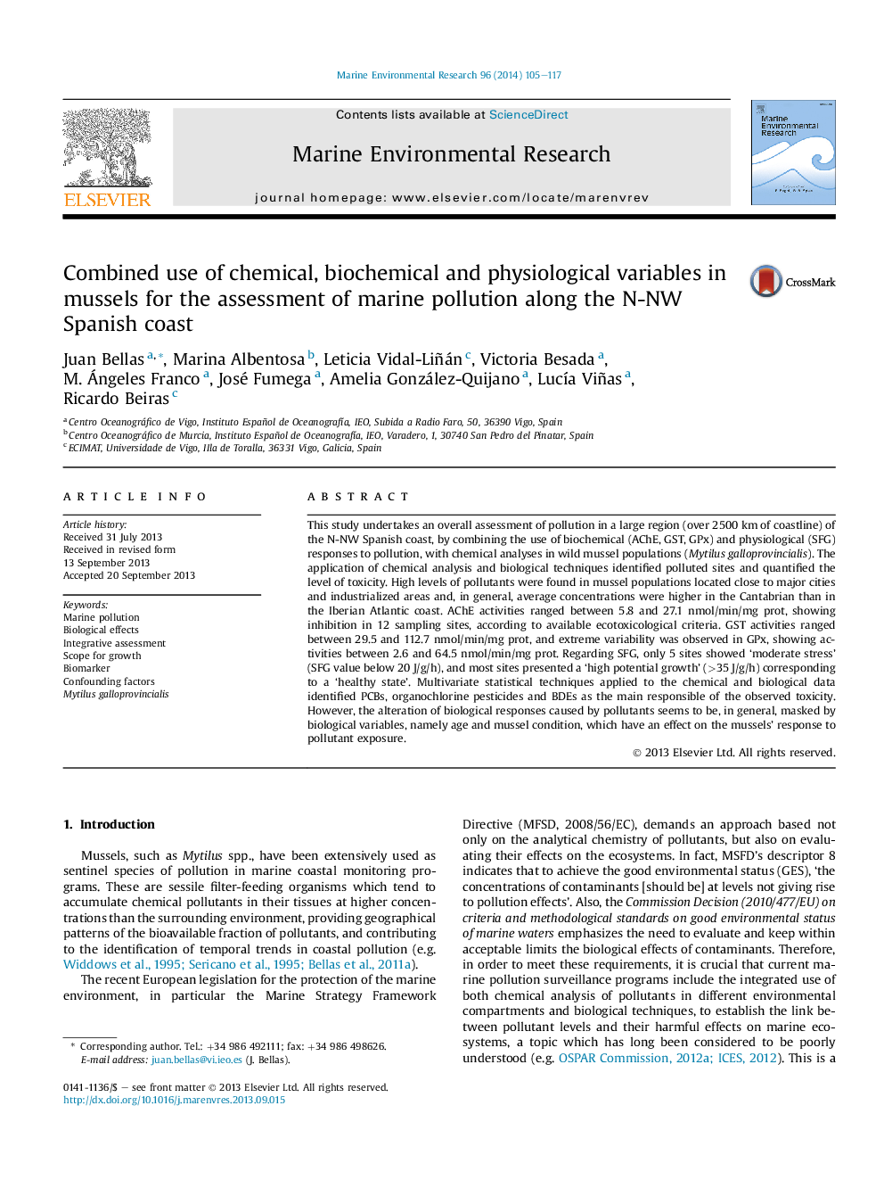 Combined use of chemical, biochemical and physiological variables in mussels for the assessment of marine pollution along the N-NW Spanish coast