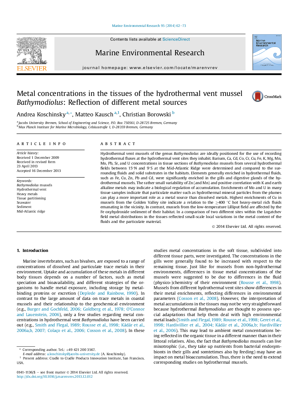 Metal concentrations in the tissues of the hydrothermal vent mussel Bathymodiolus: Reflection of different metal sources