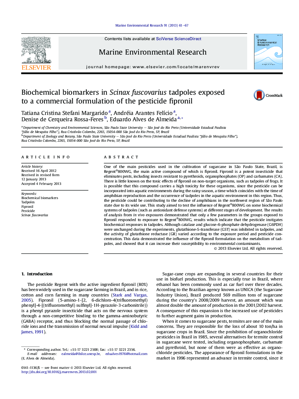 Biochemical biomarkers in Scinax fuscovarius tadpoles exposed to a commercial formulation of the pesticide fipronil