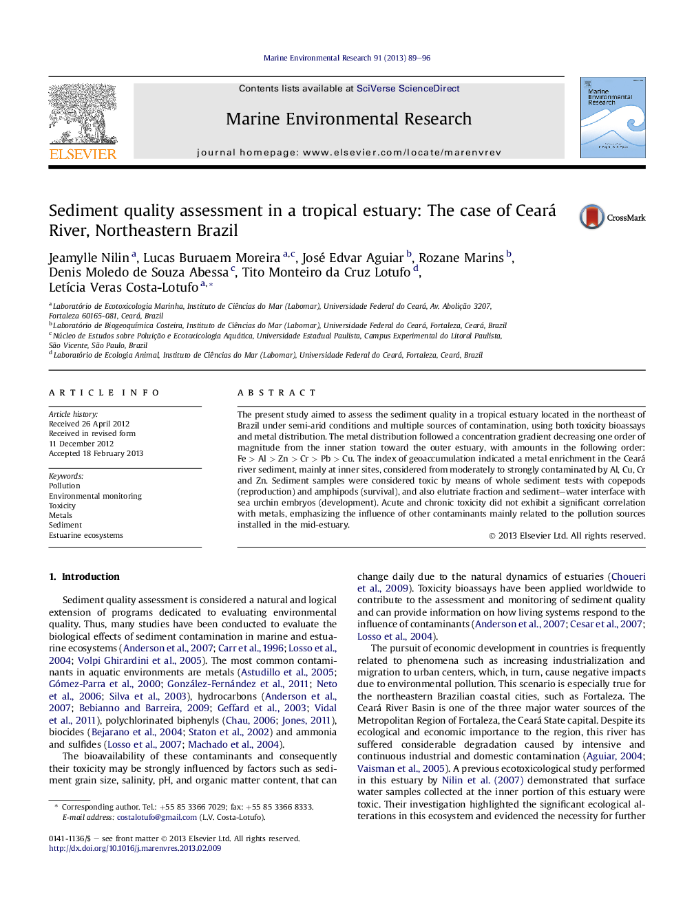 Sediment quality assessment in a tropical estuary: The case of Ceará River, Northeastern Brazil