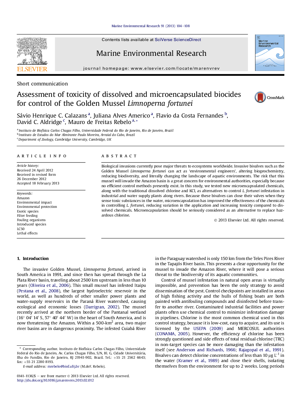 Assessment of toxicity of dissolved and microencapsulated biocides for control of the Golden Mussel Limnoperna fortunei