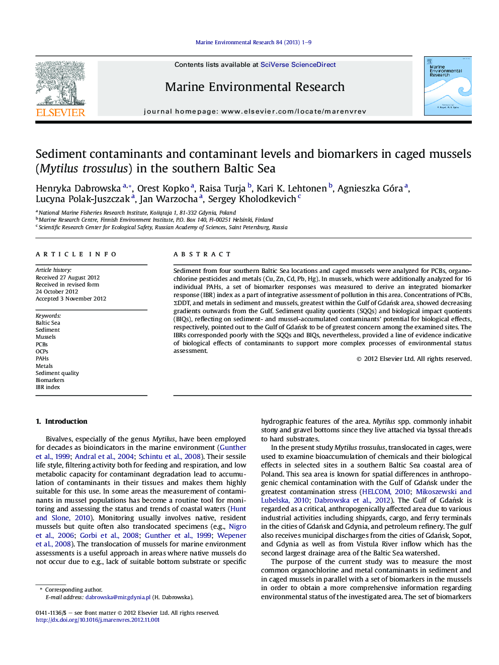 Sediment contaminants and contaminant levels and biomarkers in caged mussels (Mytilus trossulus) in the southern Baltic Sea