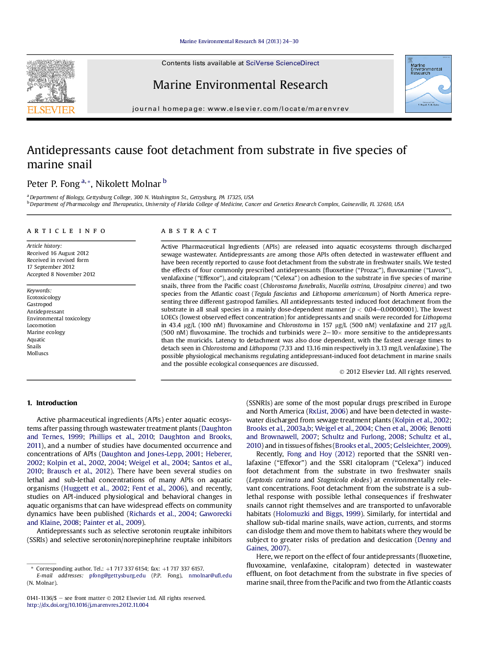 Antidepressants cause foot detachment from substrate in five species of marine snail