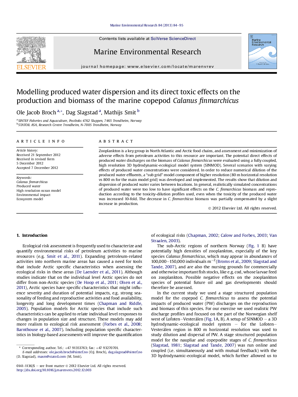 Modelling produced water dispersion and its direct toxic effects on the production and biomass of the marine copepod Calanus finmarchicus