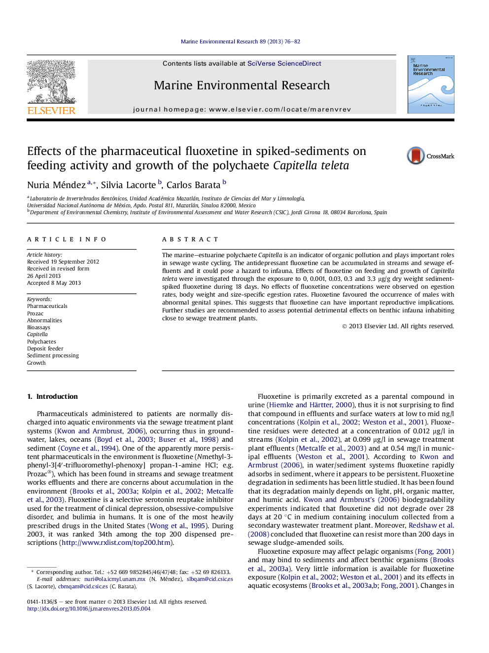 Effects of the pharmaceutical fluoxetine in spiked-sediments on feeding activity and growth of the polychaete Capitella teleta