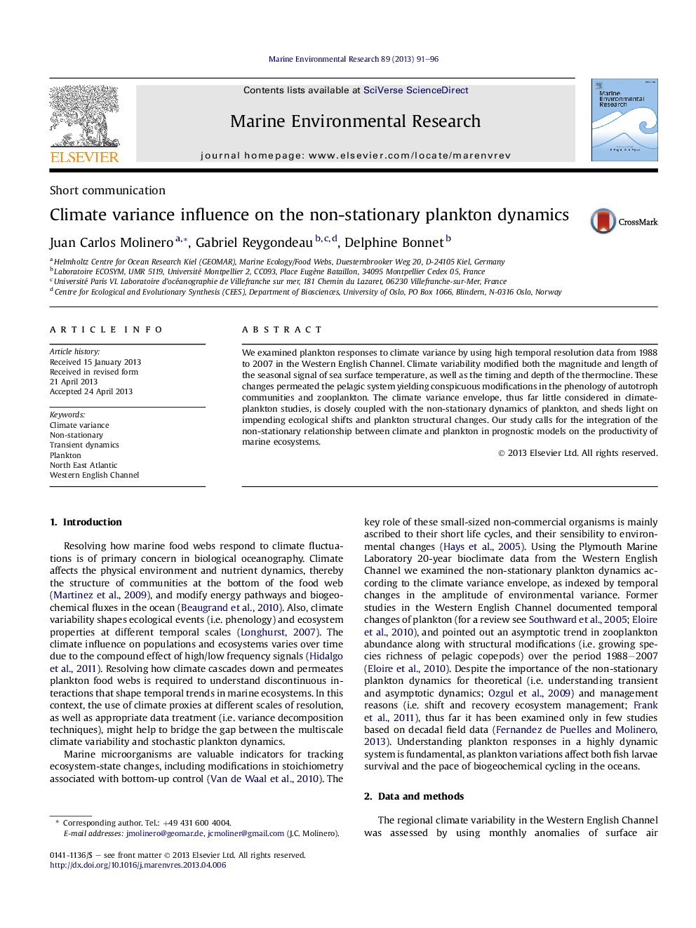 Climate variance influence on the non-stationary plankton dynamics