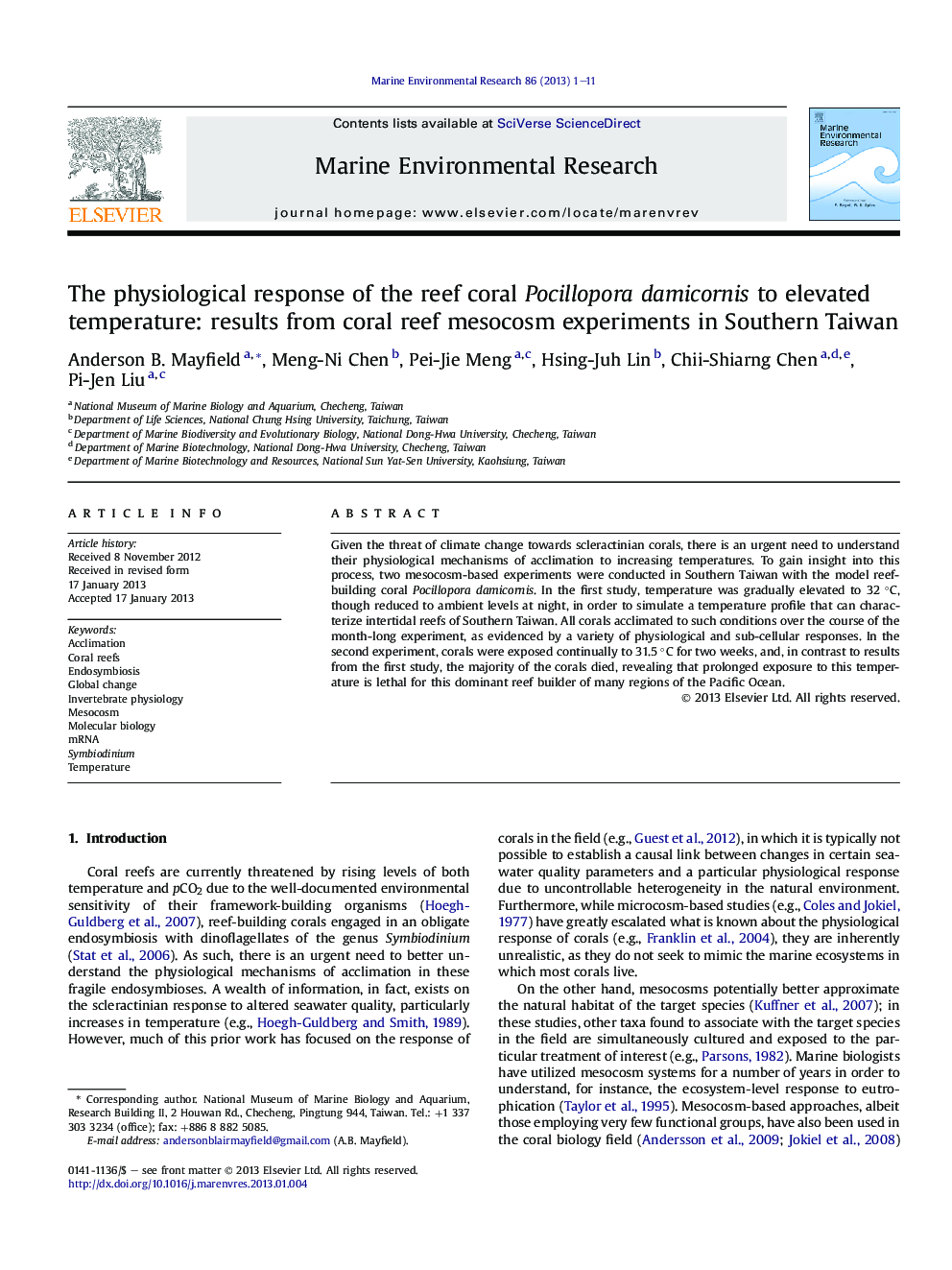 The physiological response of the reef coral Pocillopora damicornis to elevated temperature: results from coral reef mesocosm experiments in Southern Taiwan