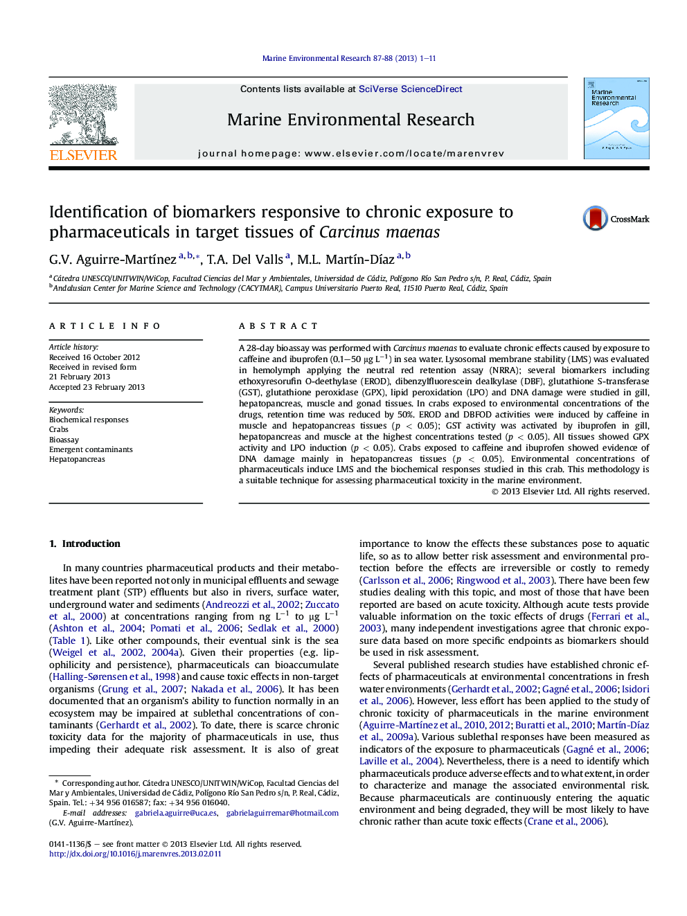 Identification of biomarkers responsive to chronic exposure to pharmaceuticals in target tissues of Carcinus maenas