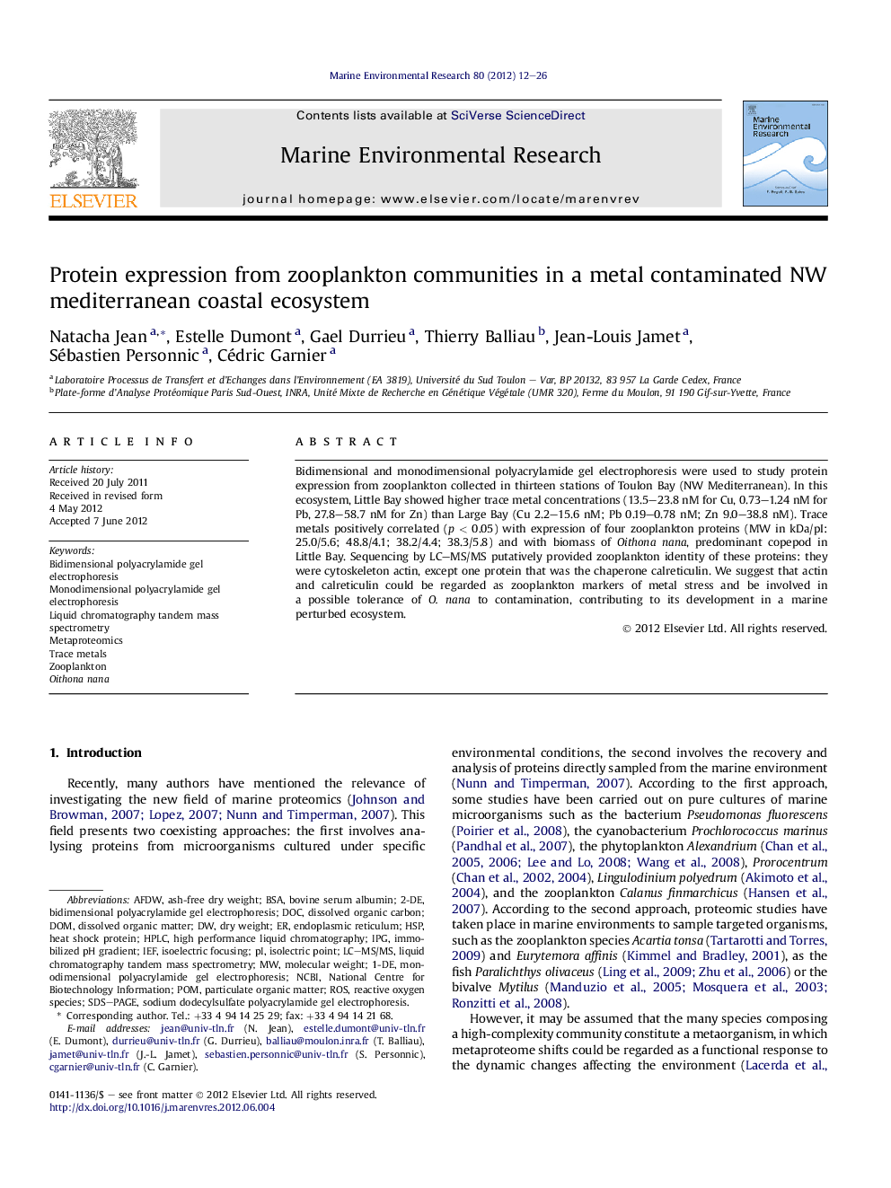 Protein expression from zooplankton communities in a metal contaminated NW mediterranean coastal ecosystem