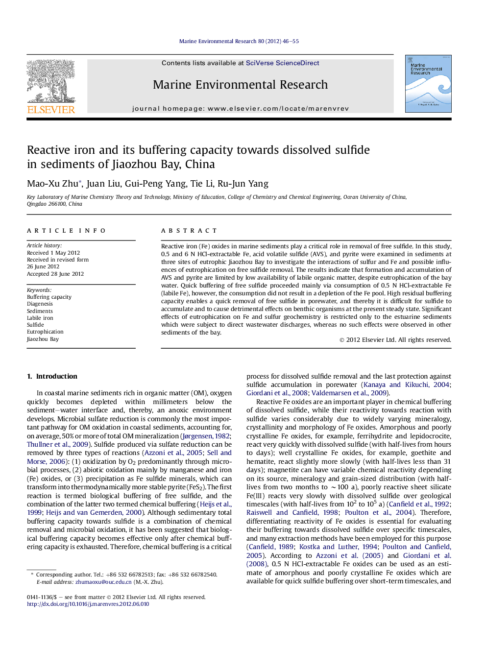 Reactive iron and its buffering capacity towards dissolved sulfide in sediments of Jiaozhou Bay, China