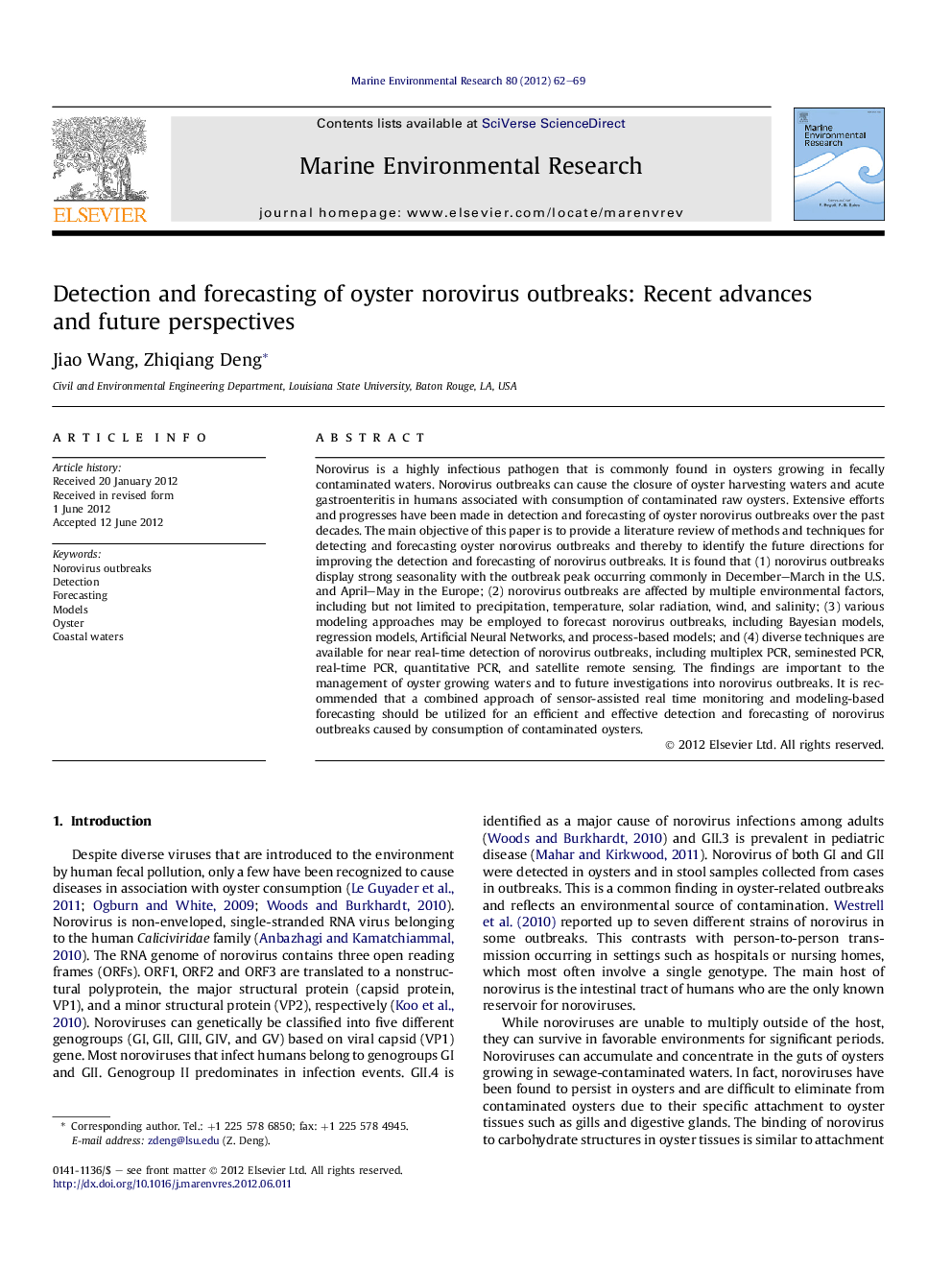 Detection and forecasting of oyster norovirus outbreaks: Recent advances and future perspectives