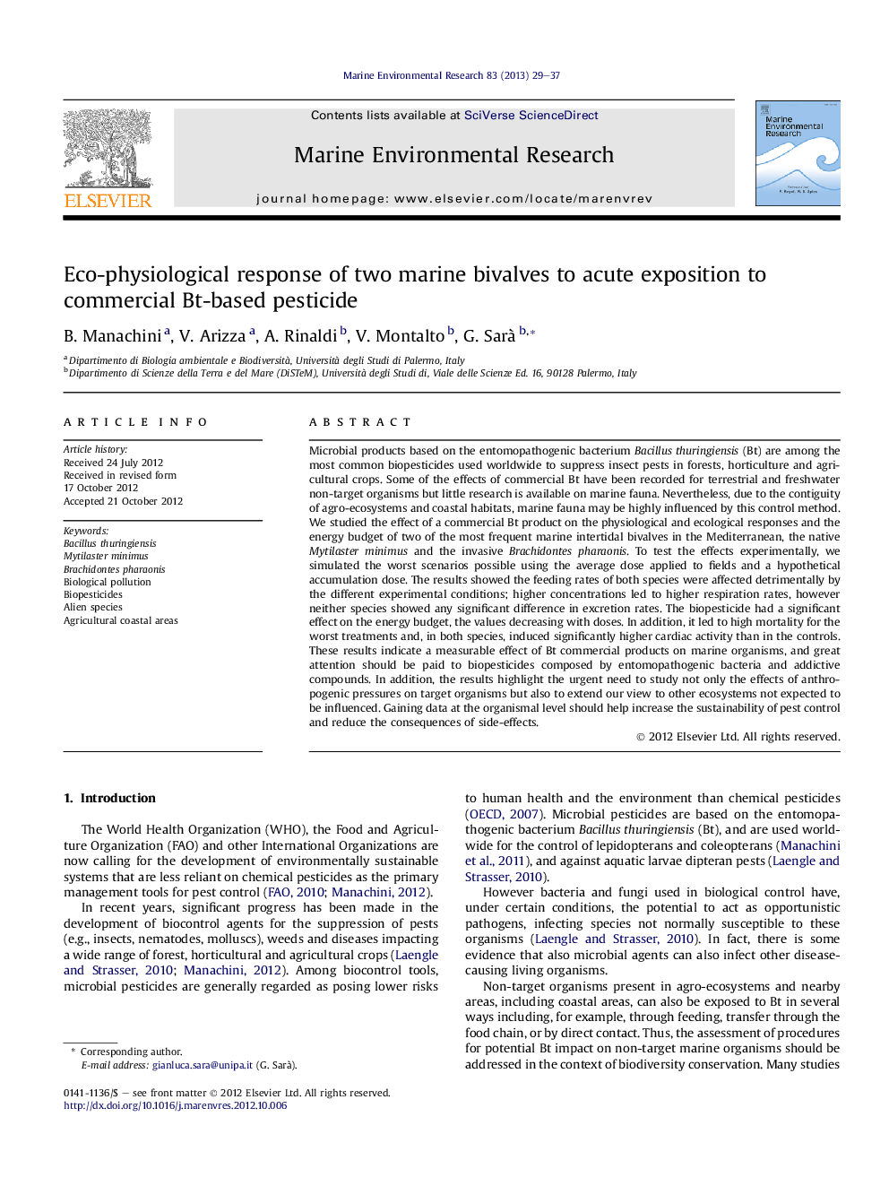 Eco-physiological response of two marine bivalves to acute exposition to commercial Bt-based pesticide