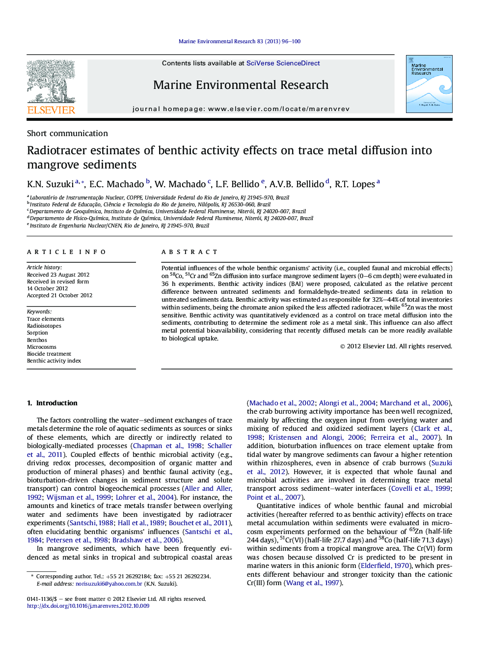 Radiotracer estimates of benthic activity effects on trace metal diffusion into mangrove sediments