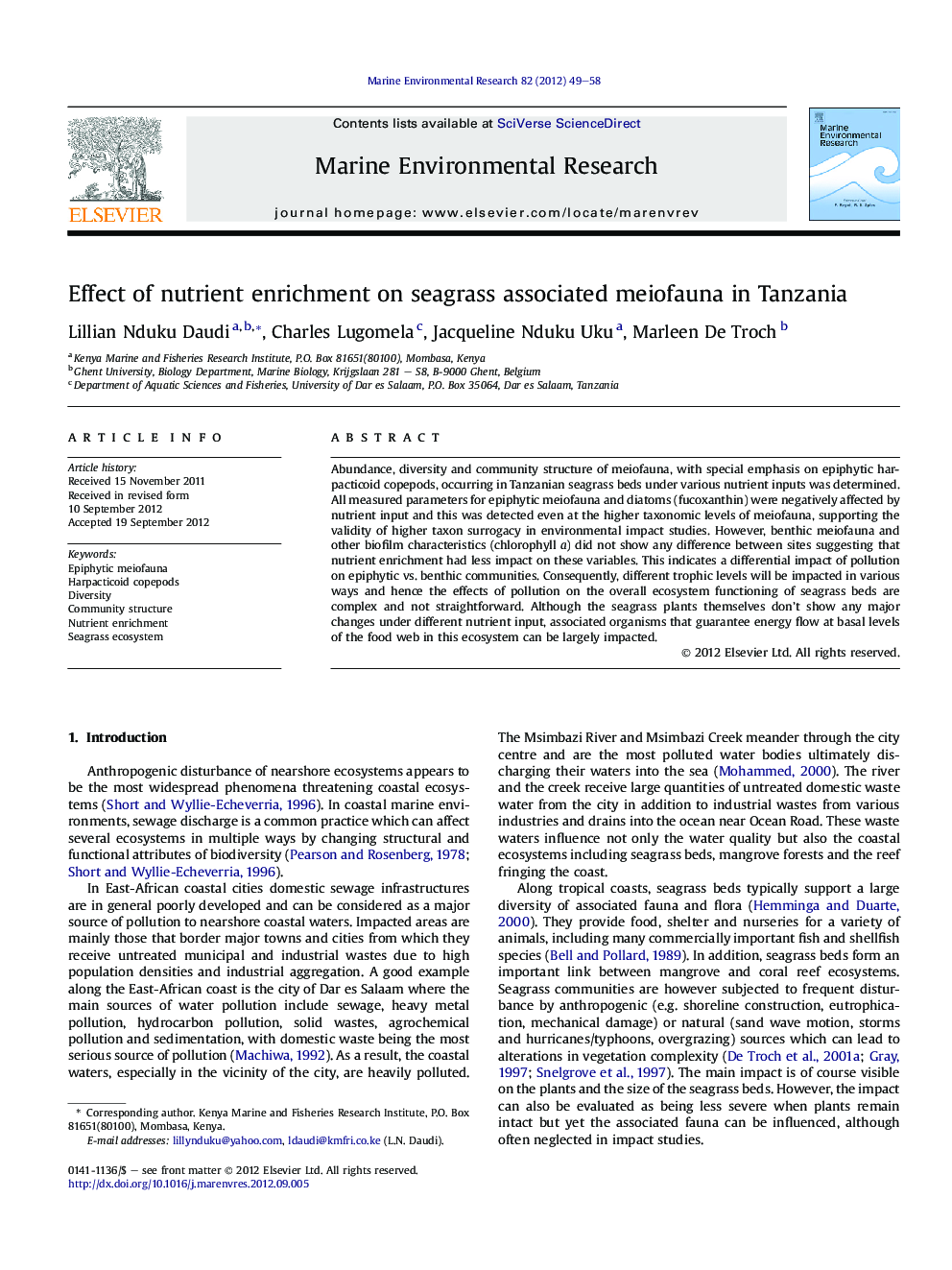 Effect of nutrient enrichment on seagrass associated meiofauna in Tanzania