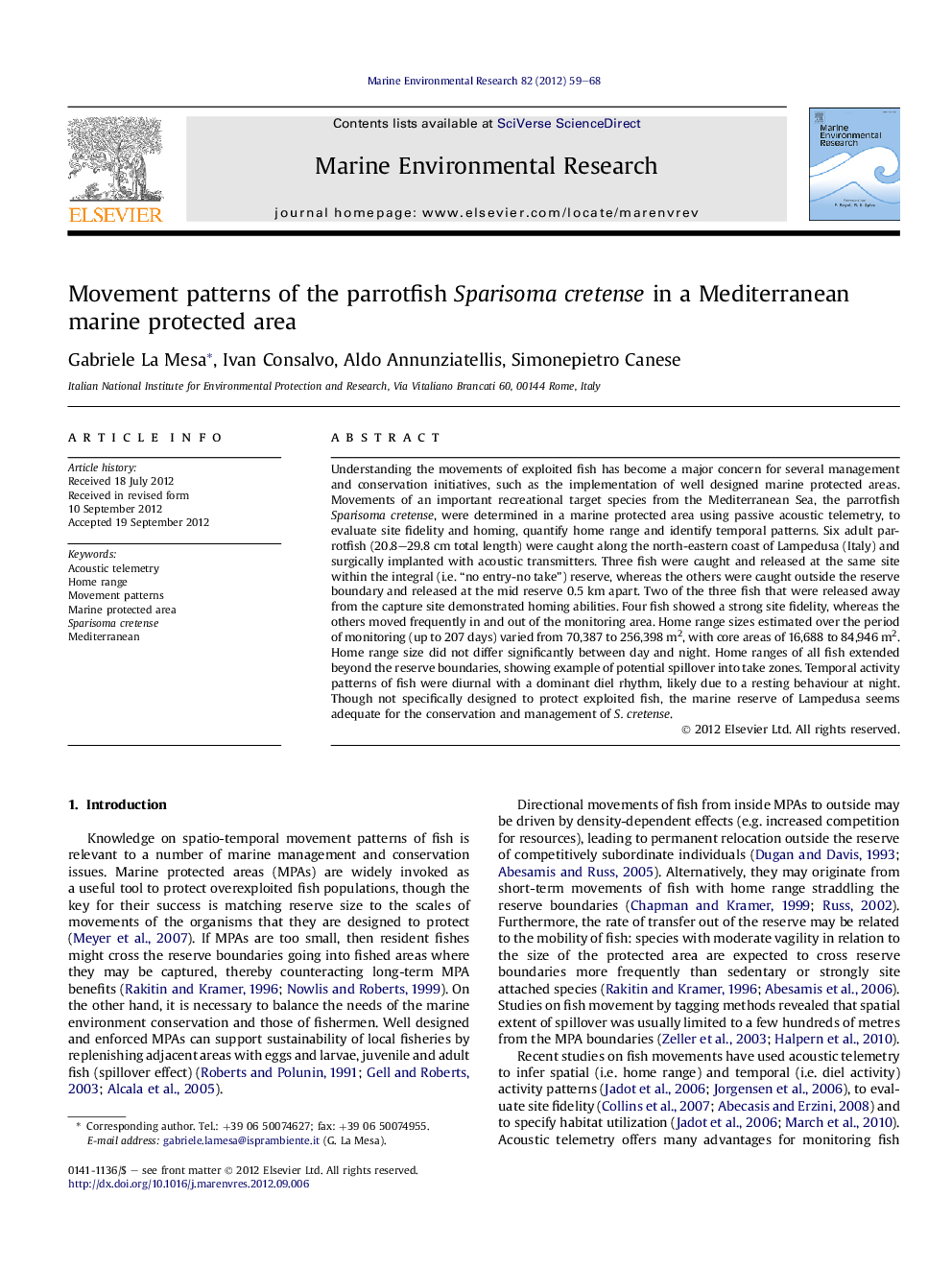 Movement patterns of the parrotfish Sparisoma cretense in a Mediterranean marine protected area