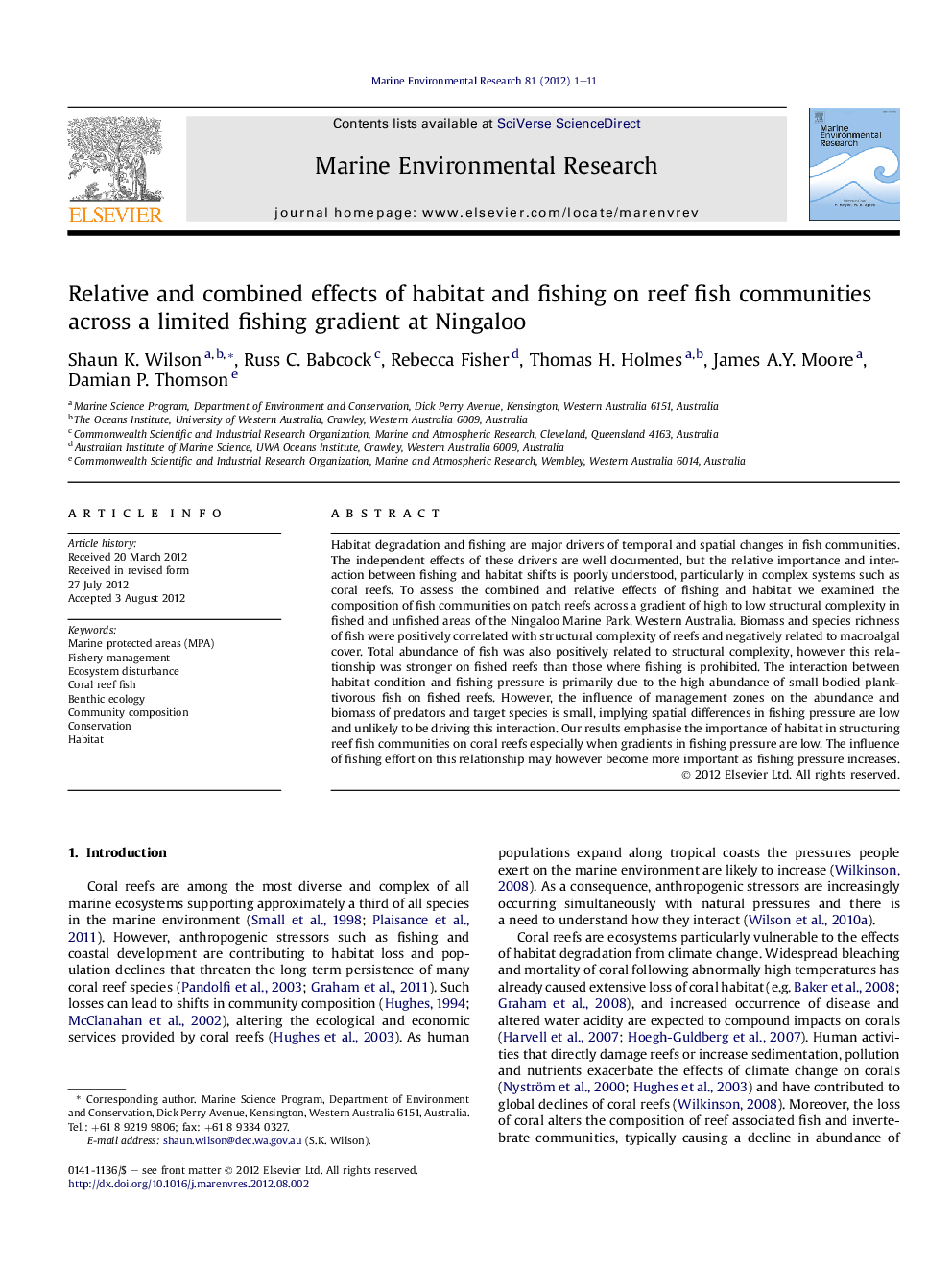 Relative and combined effects of habitat and fishing on reef fish communities across a limited fishing gradient at Ningaloo